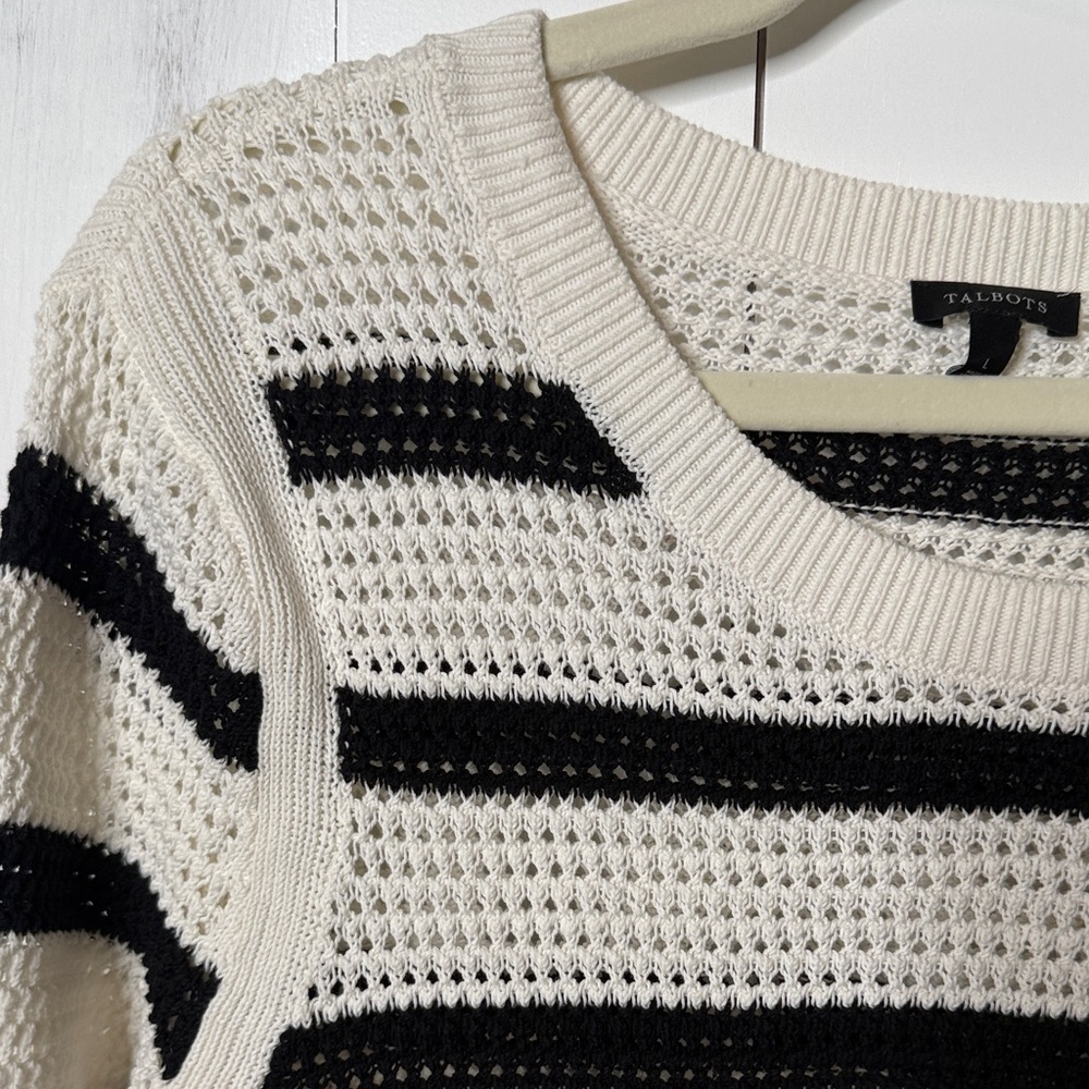 Talbots Black & Cream Open Weave Striped Crewneck Sweater - Picture 5 of 10